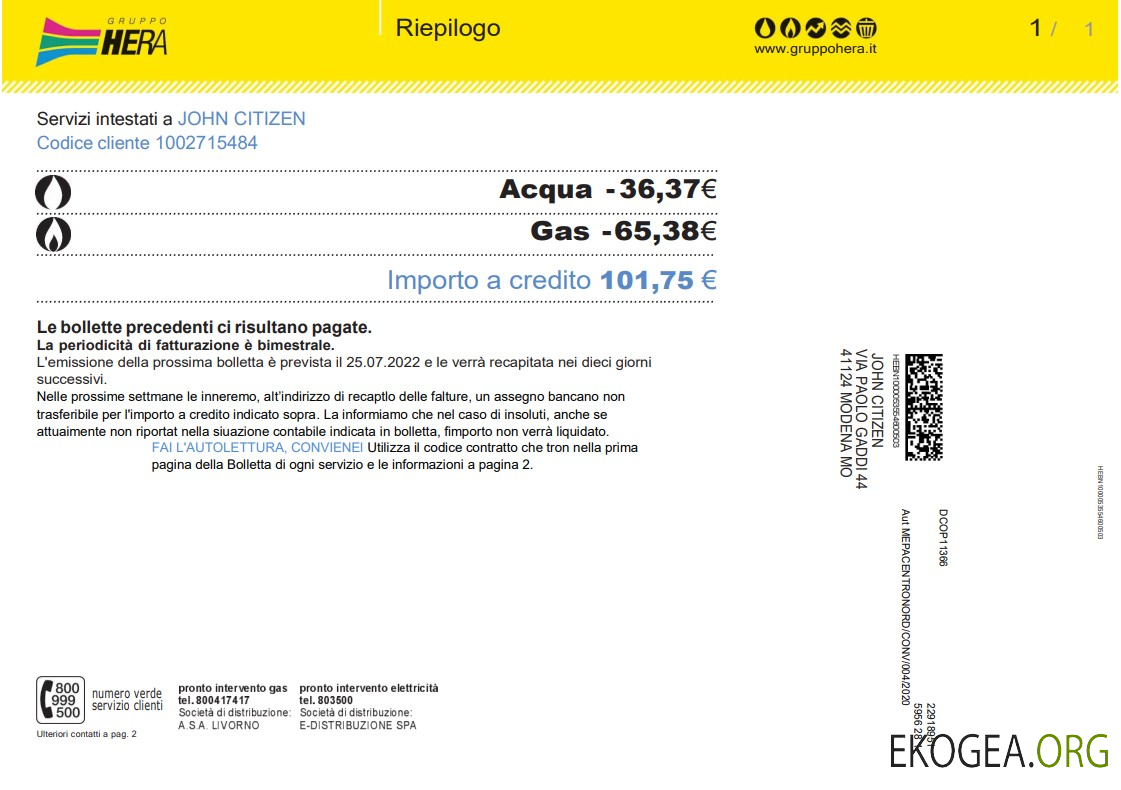 Italy Gruppo Hera utility bill, Word and PDF template